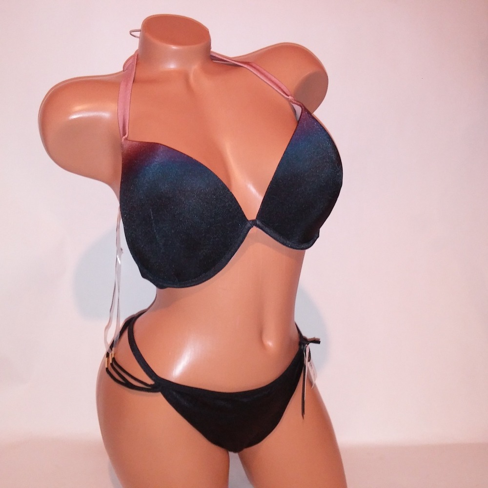 Victoria Secret Swim Bikini 36DD Top Large Bottom Black Ombre Push Up Halter New